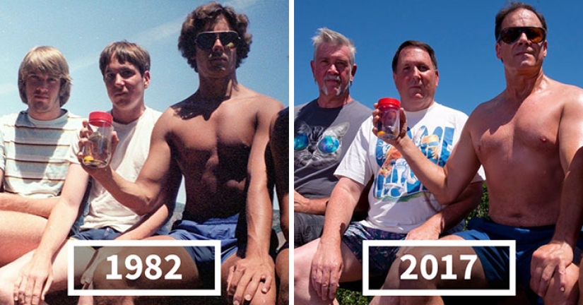Five school friends have been repeating the same photo for more than 30 years