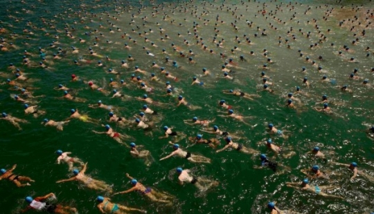 Gorros azules de natación masiva en el lago de Zúrich Gorros azules de natación masiva en el lago de Zúrich
