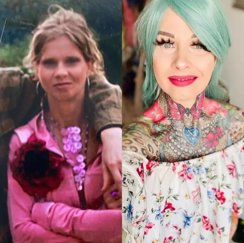 Hot granny in tattoos admires candid photos