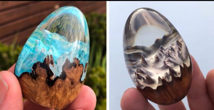 Huevos de dragón coloridos hechos de resina y madera por el artista australiano Ben Works