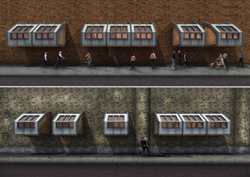 Idea: to settle the homeless of New York in stylish capsules on the walls of buildings