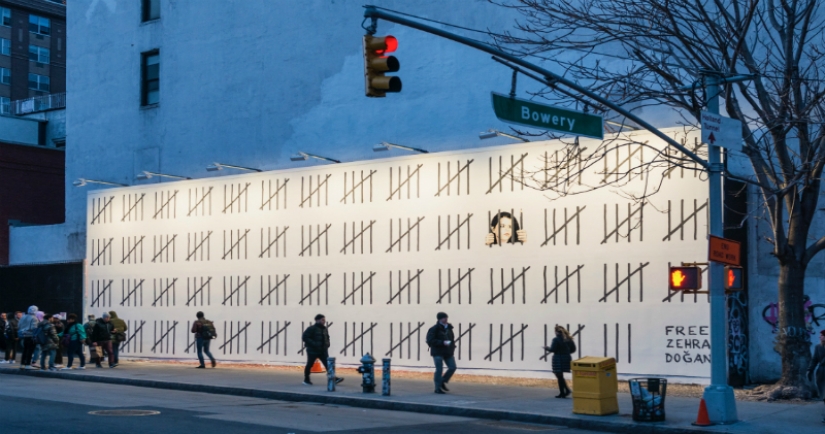 In his new work, Banksy supported an artist from Turkey who went to prison for a "radical" illustration