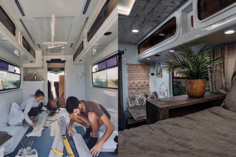 La pareja se volvió una vieja ambulancia en una elegante casa sobre ruedas La pareja se volvió una vieja ambulancia en una elegante casa sobre ruedas