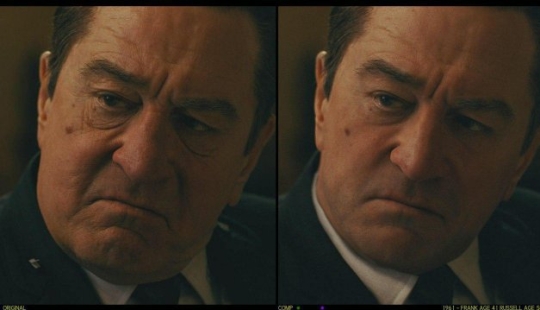 Los actores de la película "The Irishman" antes y después del rejuvenecimiento por computadora Los actores de la película "The Irishman" antes y después del rejuvenecimiento por computadora