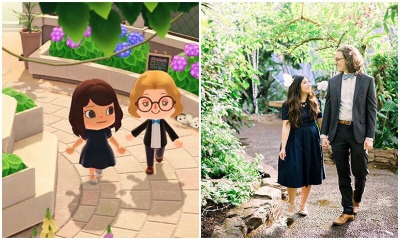Los novios en cuarentena recrearon sus fotos de compromiso en el juego Animal Crossing