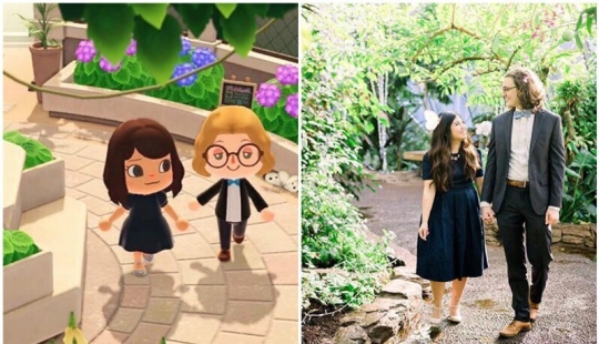 Los novios en cuarentena recrearon sus fotos de compromiso en el juego Animal Crossing