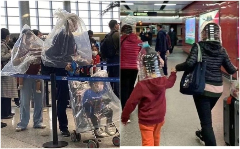 Los pasajeros asustados se ponen bolsas y botellas de plástico en la cabeza para protegerse del coronavirus