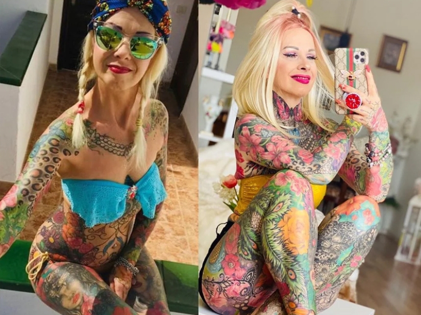 ¡Mujer de 55 años cubrió todo su cuerpo con coloridos tatuajes! Una fotografía