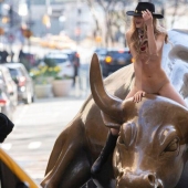 Naked girl arranged a photo shoot with a bull right on Wall Street