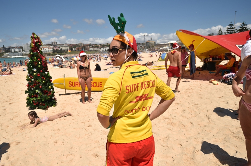 New Year and Christmas in Australian style: kangaroos instead of deer and Santa on a board with a paddle New Year and Christmas in Australian style: kangaroos instead of deer and Santa on a board with a paddle