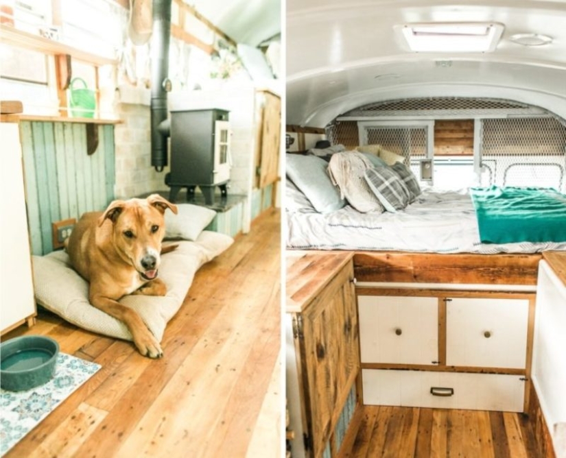 On the sawmill with comfort: a couple turned an old prison bus into a cozy mobile home