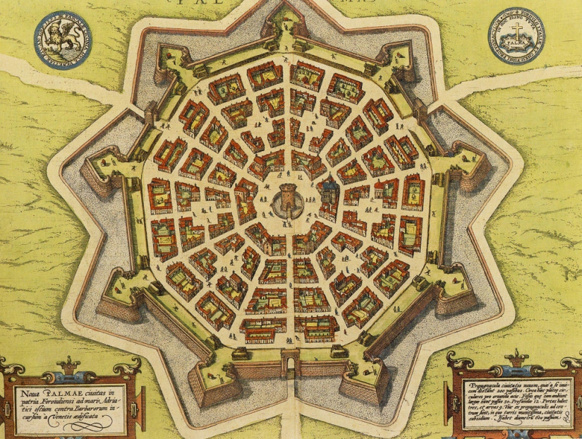 Palmanova is a symmetrical fortress city in Italy