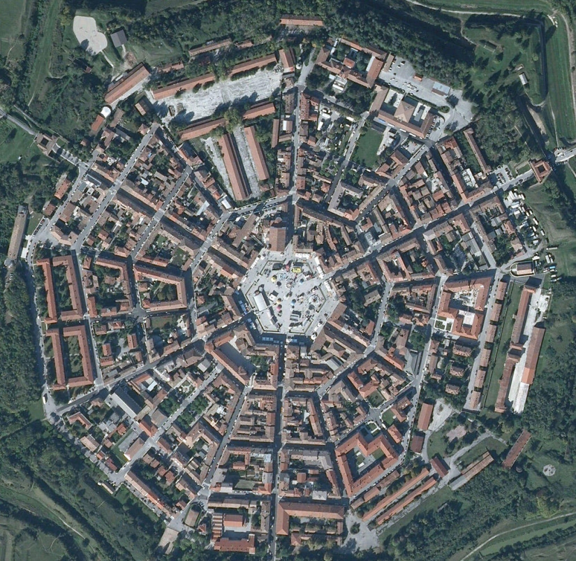 Palmanova is a symmetrical fortress city in Italy