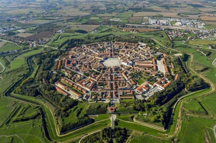 Palmanova is a symmetrical fortress city in Italy