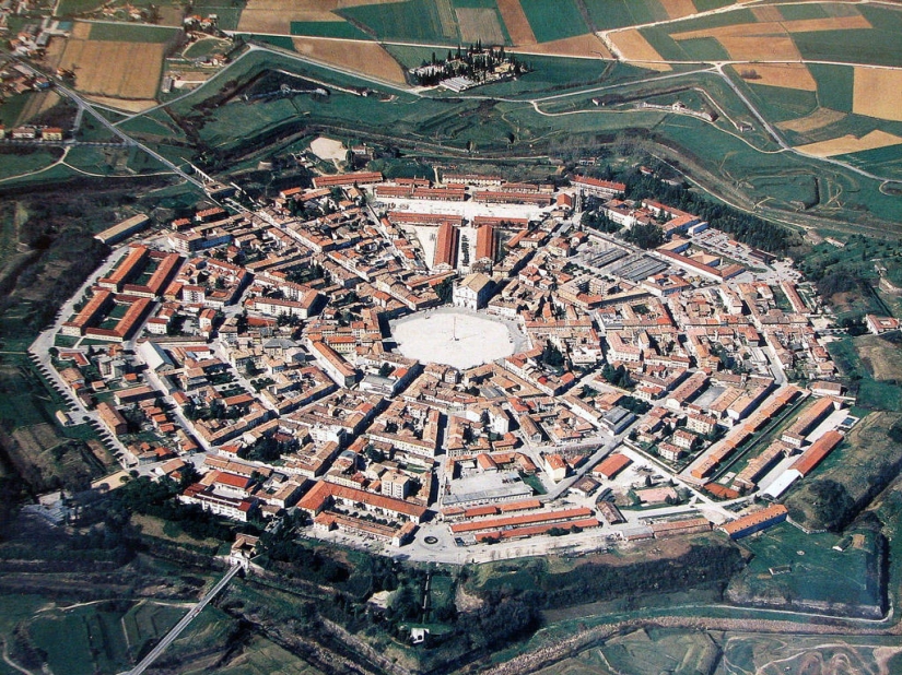 Palmanova is a symmetrical fortress city in Italy