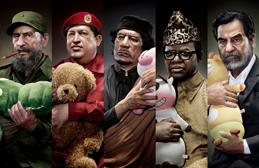 Portraits of world dictators hugging soft toys