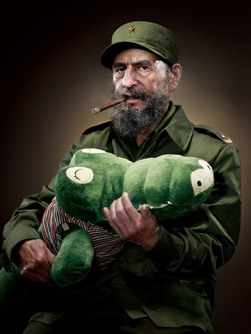 Portraits of world dictators hugging soft toys