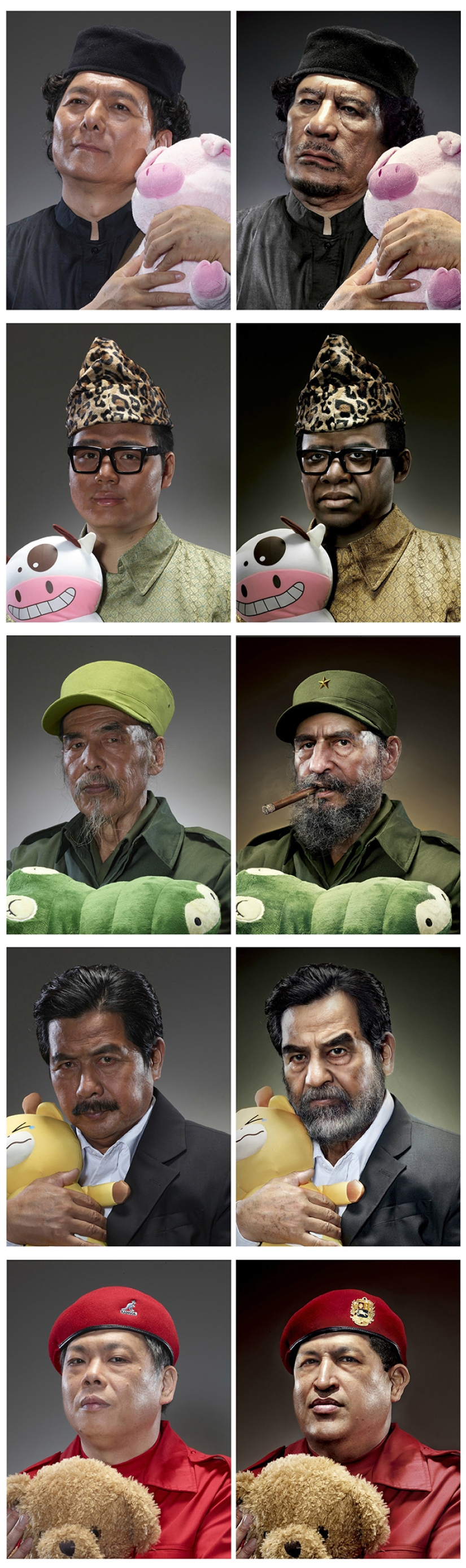 Portraits of world dictators hugging soft toys