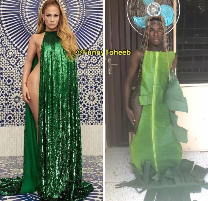 Take it off immediately! A guy from Africa copies the ridiculous outfits of the stars with the help of improvised materials