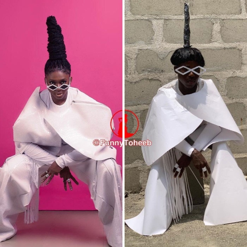 Take it off immediately! A guy from Africa copies the ridiculous outfits of the stars with the help of improvised materials