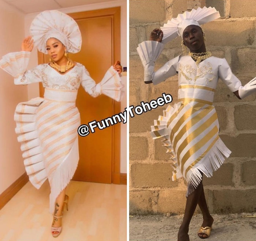 Take it off immediately! A guy from Africa copies the ridiculous outfits of the stars with the help of improvised materials