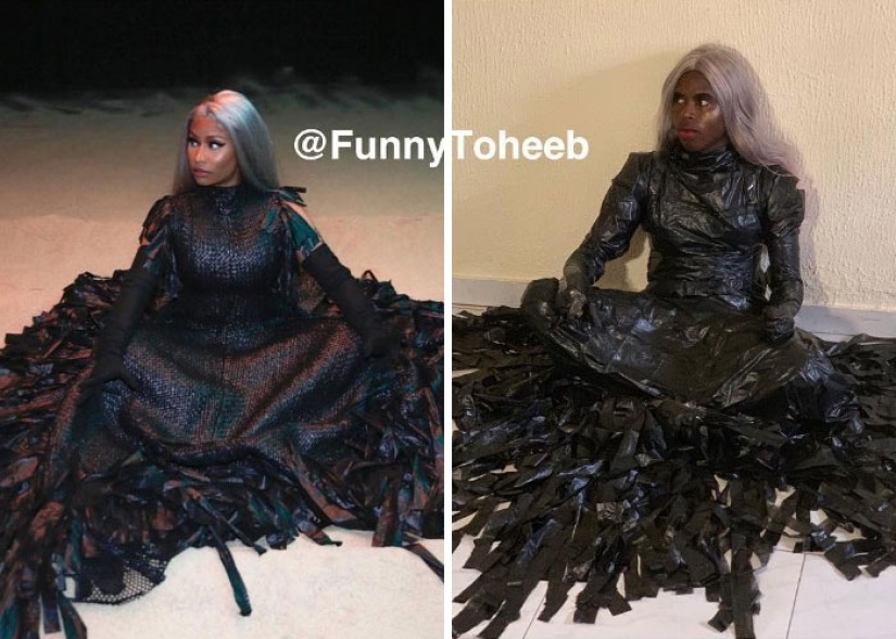 Take it off immediately! A guy from Africa copies the ridiculous outfits of the stars with the help of improvised materials