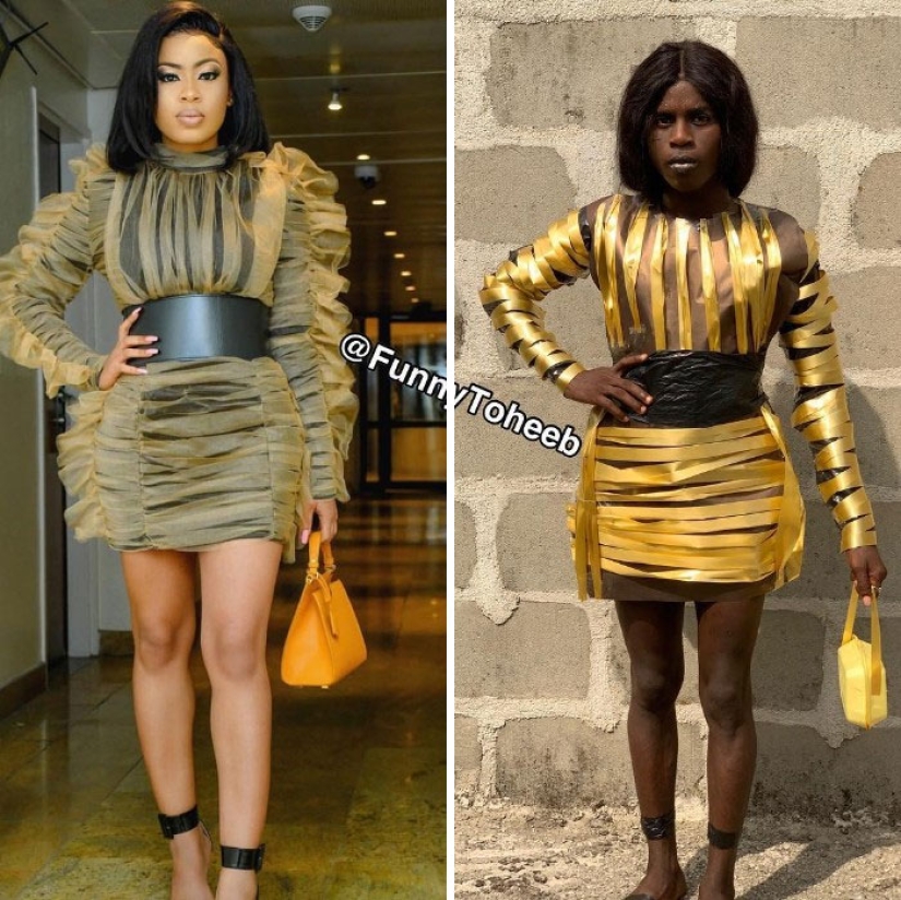 Take it off immediately! A guy from Africa copies the ridiculous outfits of the stars with the help of improvised materials