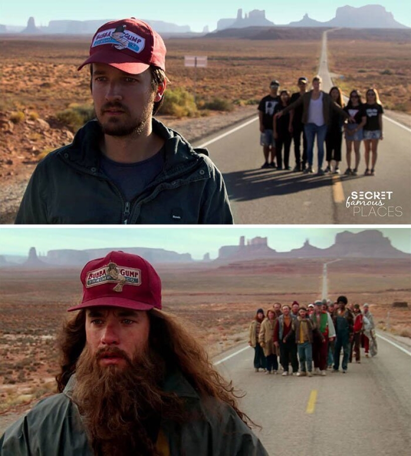 The couple travels around the world and recreates scenes from films in the filming locations