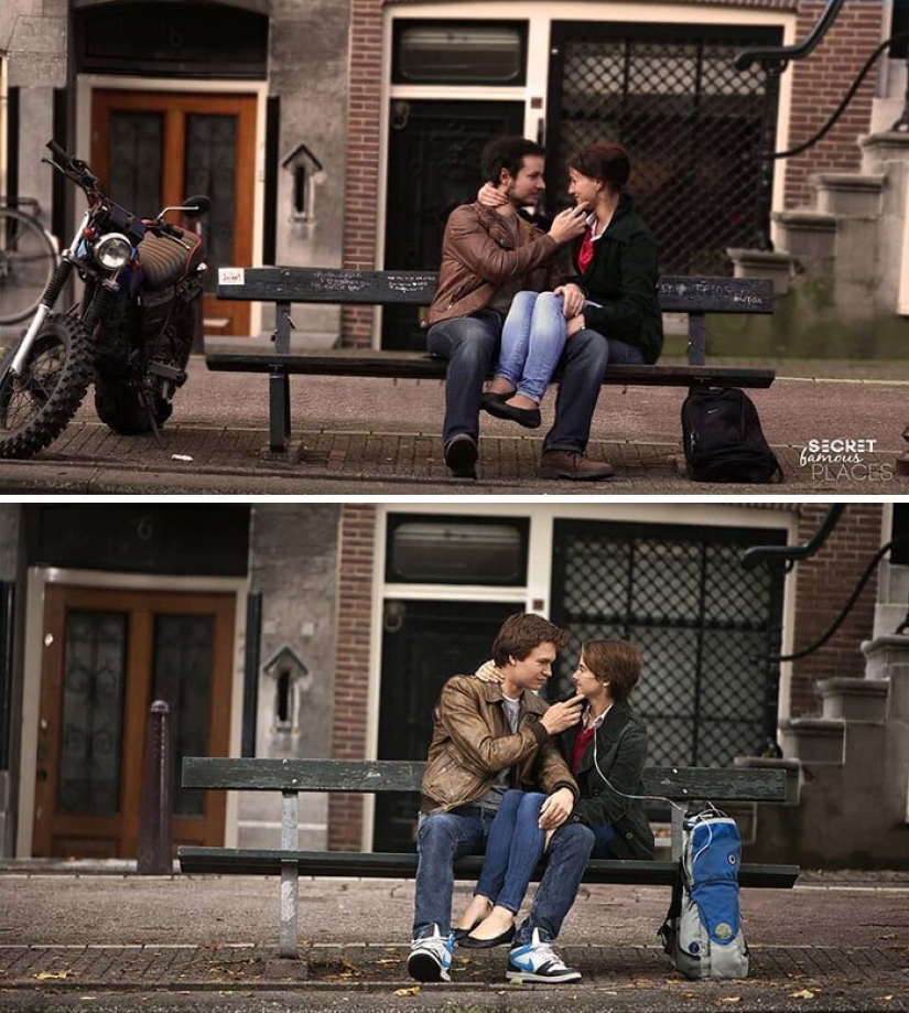 The couple travels around the world and recreates scenes from films in the filming locations