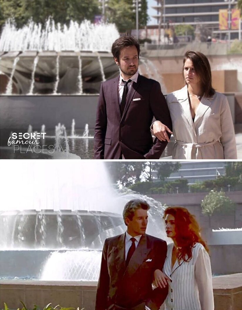 The couple travels around the world and recreates scenes from films in the filming locations