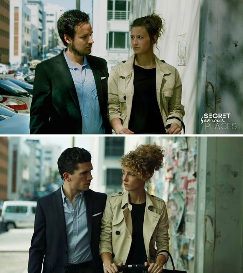 The couple travels around the world and recreates scenes from films in the filming locations