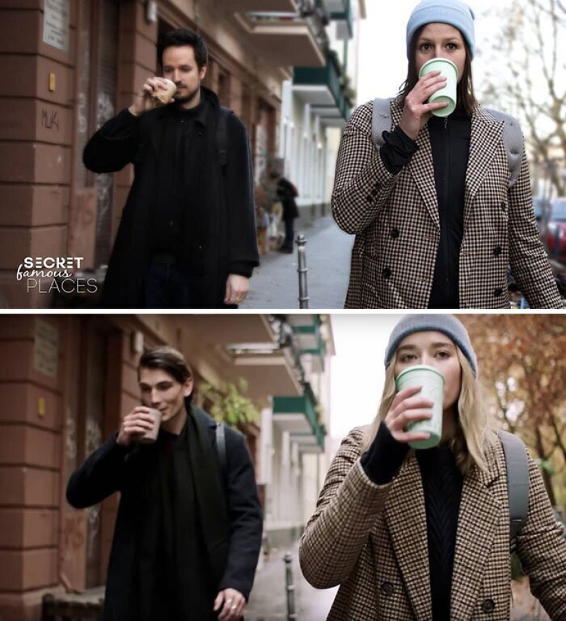 The couple travels around the world and recreates scenes from films in the filming locations