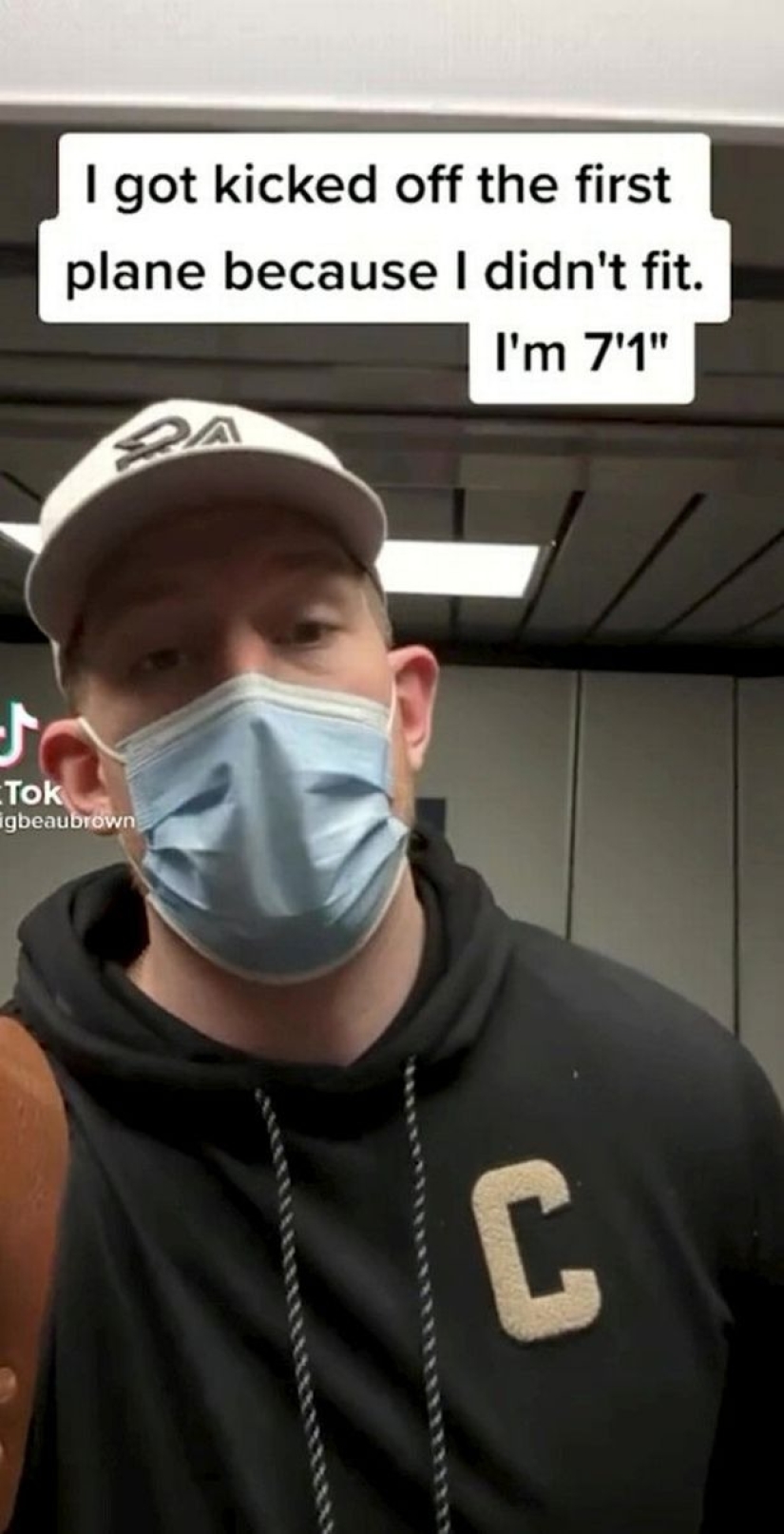 The "Giant" was transferred to first class because he did not fit into a standard seat on the plane