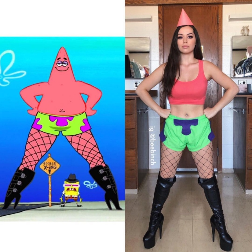 The girl cosplays the heroes of "SpongeBob", but it still turns out hot