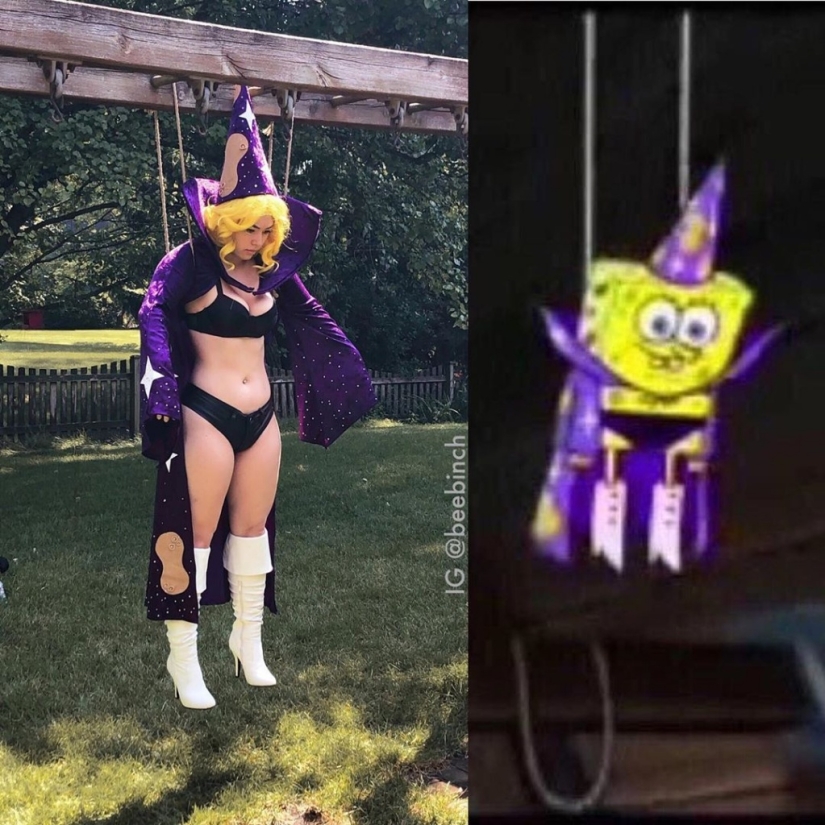 The girl cosplays the heroes of "SpongeBob", but it still turns out hot