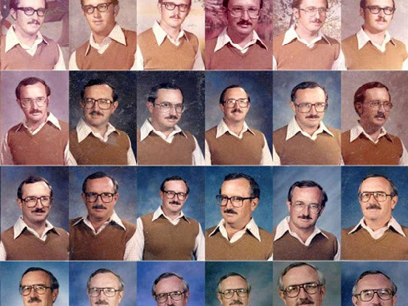 The teacher has been wearing the same outfit for taking pictures with the class for 40 years in a row