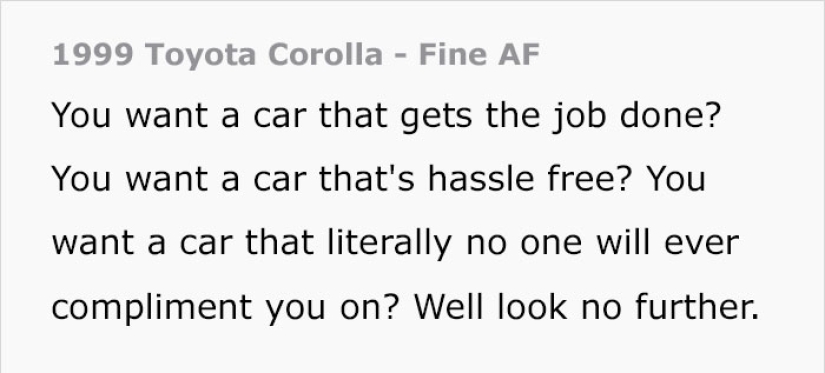 The Texan wanted to sell an old Toyota so badly that he created a real masterpiece of advertising on the classifieds site The Texan wanted to sell an old Toyota so badly that he created a real masterpiece of advertising on the classifieds site