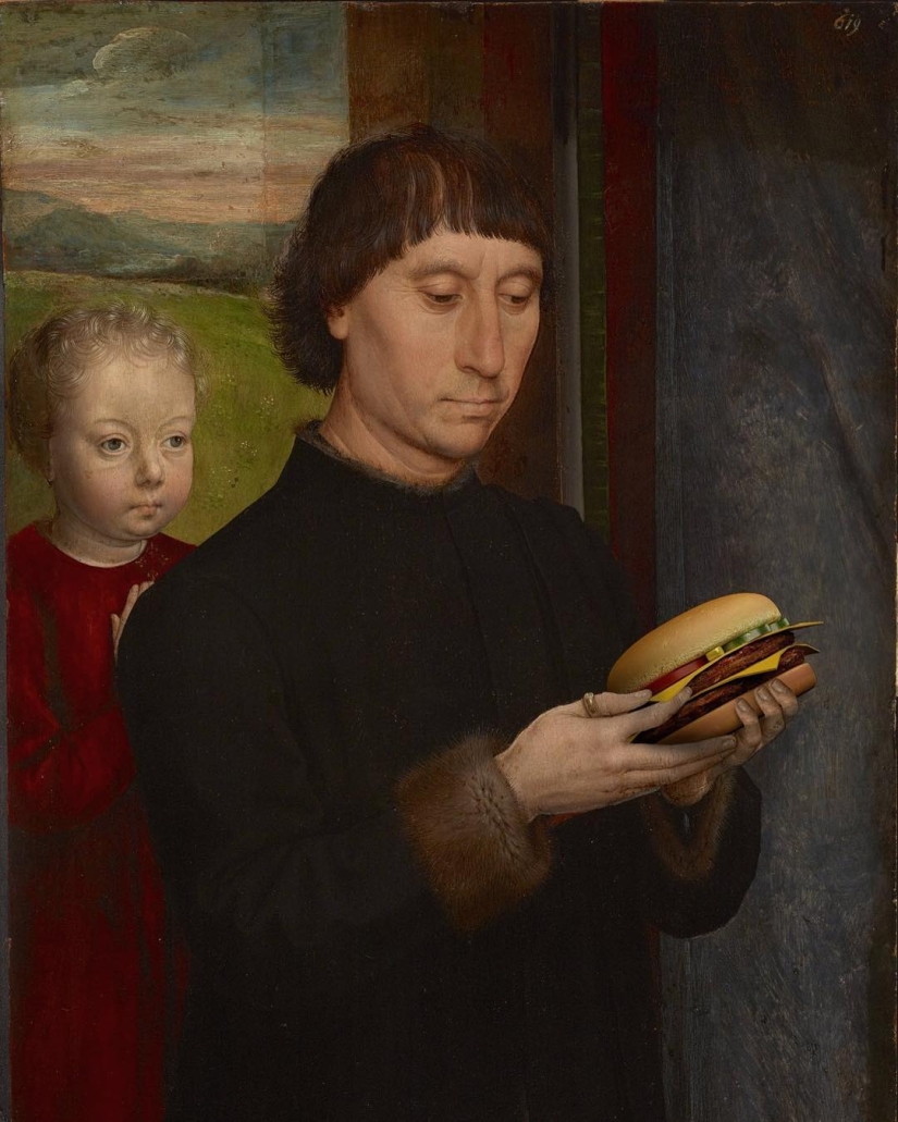 "Tu hamburguesa, Madonna": los héroes de los lienzos renacentistas devoran montañas de comida rápida "Tu hamburguesa, Madonna": los héroes de los lienzos renacentistas devoran montañas de comida rápida
