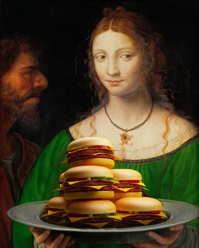 "Tu hamburguesa, Madonna": los héroes de los lienzos renacentistas devoran montañas de comida rápida "Tu hamburguesa, Madonna": los héroes de los lienzos renacentistas devoran montañas de comida rápida
