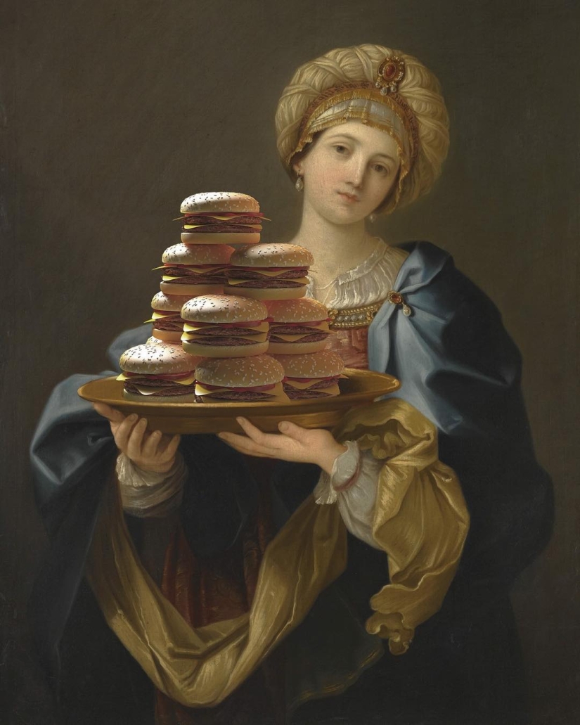 "Tu hamburguesa, Madonna": los héroes de los lienzos renacentistas devoran montañas de comida rápida "Tu hamburguesa, Madonna": los héroes de los lienzos renacentistas devoran montañas de comida rápida