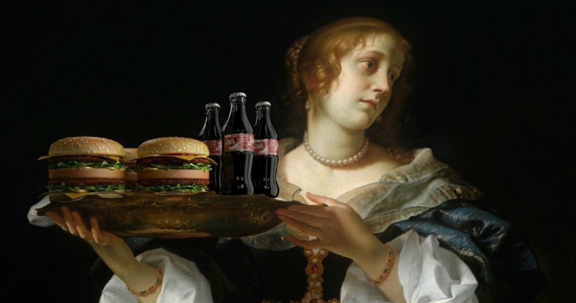 "Your burger, Madonna": heroes of Renaissance canvases devour mountains of fast food