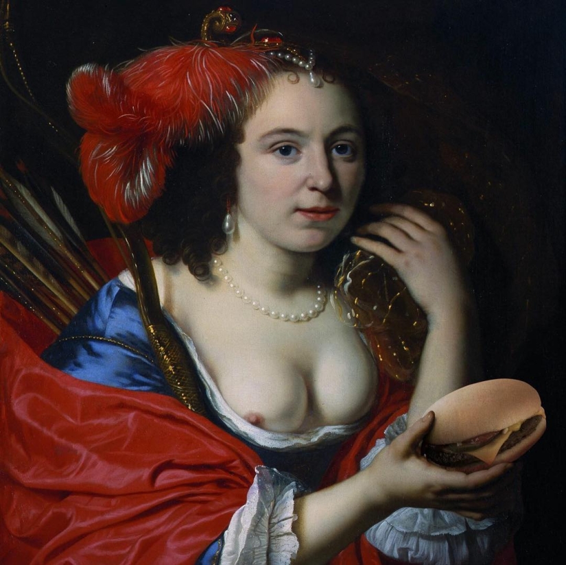 "Your burger, Madonna": heroes of Renaissance canvases devour mountains of fast food