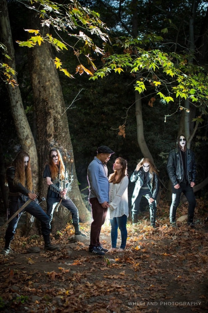 A metal band accidentally participated in an engagement photo shoot of a couple in love A metal band accidentally participated in an engagement photo shoot of a couple in love