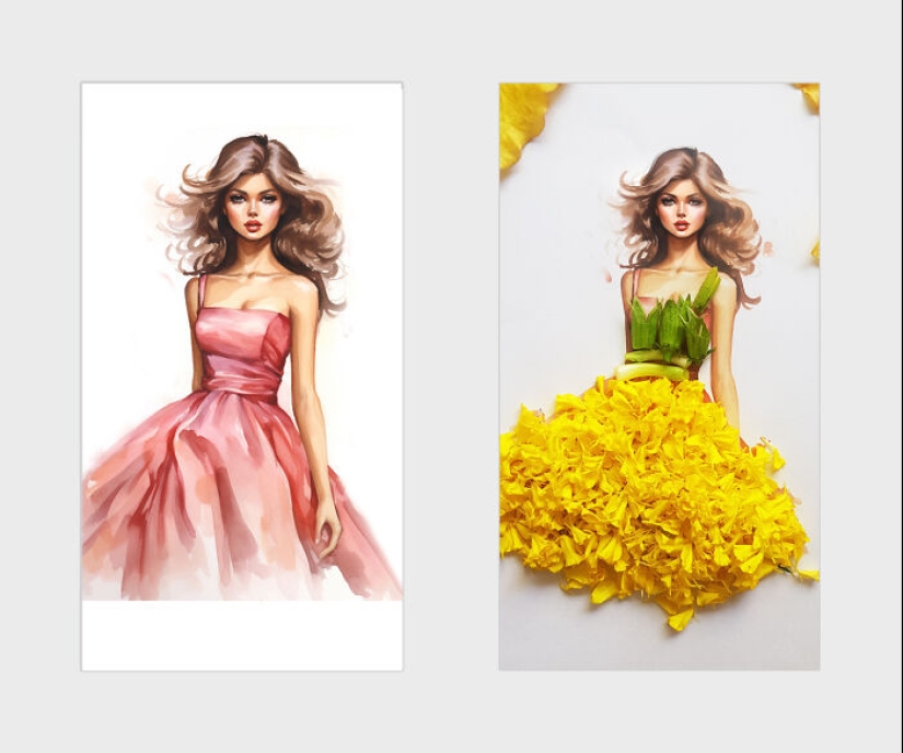 Agregué pétalos de flores y hojas a hermosas ilustraciones, aquí está el resultado (14 fotos)