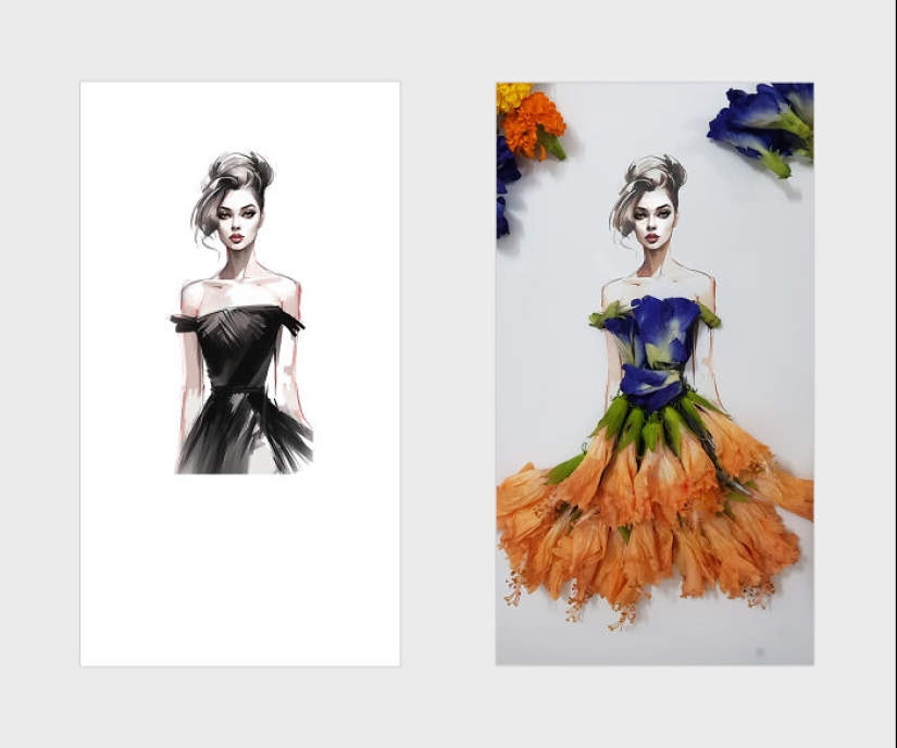 Agregué pétalos de flores y hojas a hermosas ilustraciones, aquí está el resultado (14 fotos)