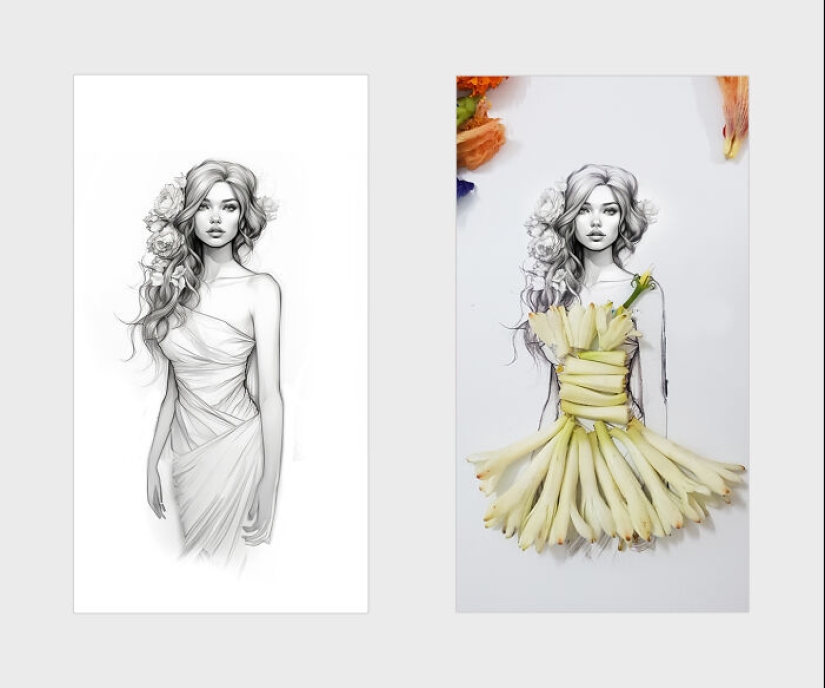 Agregué pétalos de flores y hojas a hermosas ilustraciones, aquí está el resultado (14 fotos)