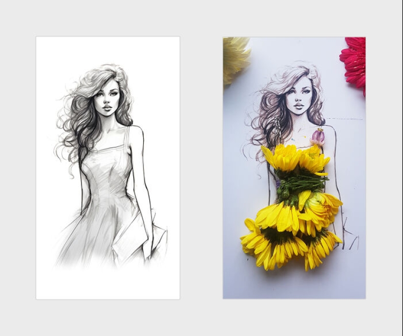 Agregué pétalos de flores y hojas a hermosas ilustraciones, aquí está el resultado (14 fotos)