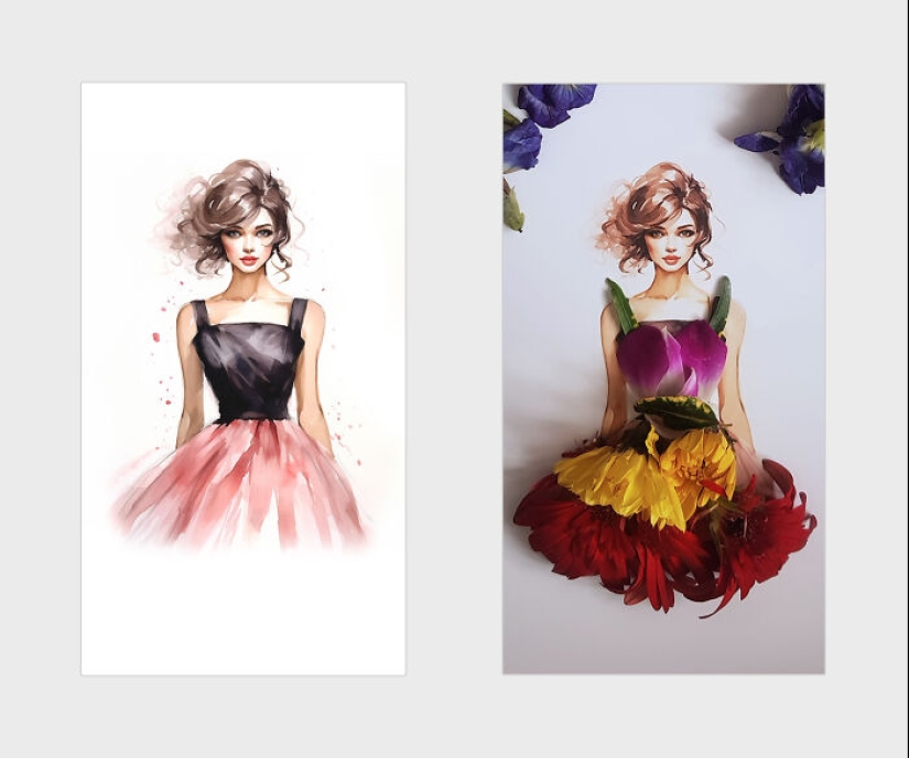 Agregué pétalos de flores y hojas a hermosas ilustraciones, aquí está el resultado (14 fotos)