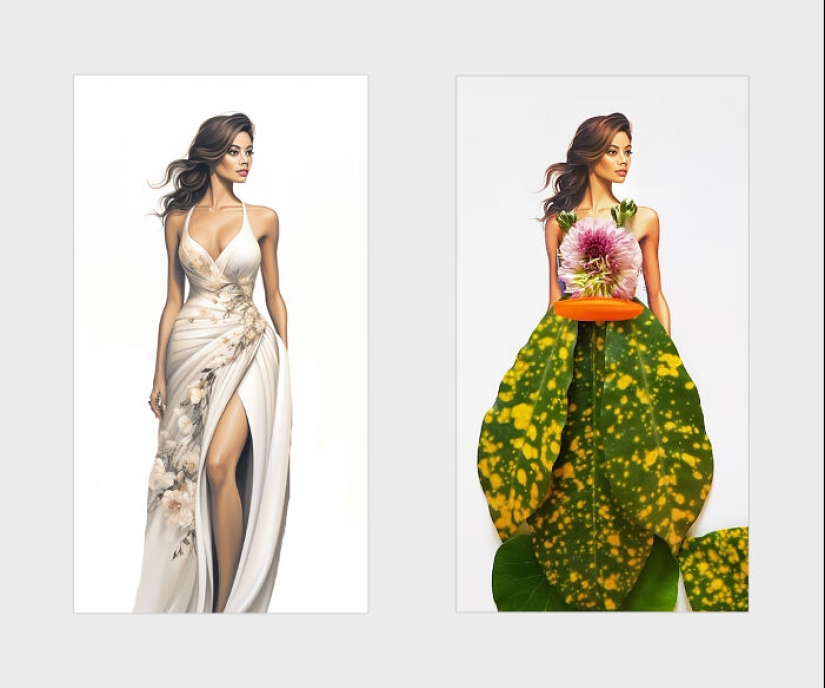 Agregué pétalos de flores y hojas a hermosas ilustraciones, aquí está el resultado (14 fotos)