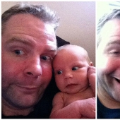 Apple from an apple tree: a young father is photographed with a newborn daughter